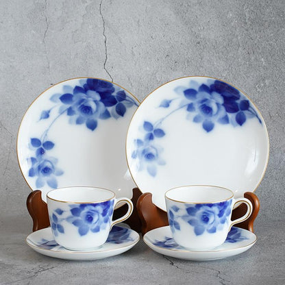 【磁器】大倉陶園 ブルーローズ カフェスペシャルペアセット(モーニングカップ&ソーサー、デザート皿各2セット)