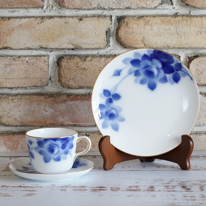【磁器】大倉陶園 ブルーローズ カフェスペシャル(モーニングカップ&ソーサー、デザート皿)
