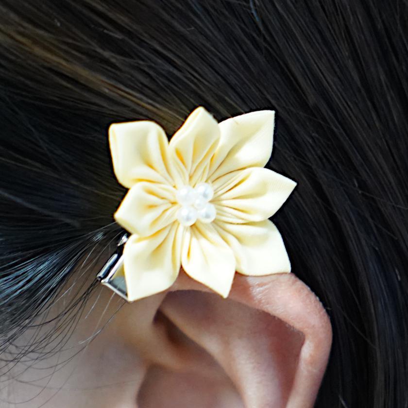 【アクセサリー】イエロー (ハットピンブローチ、ブローチ、ノンホールピアス、ヘアクリップ 4点セット ) | つまみ細工