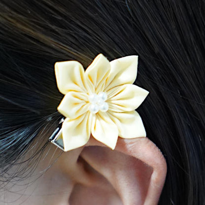 【アクセサリー】イエロー (ハットピンブローチ、ブローチ、ノンホールピアス、ヘアクリップ 4点セット ) | つまみ細工