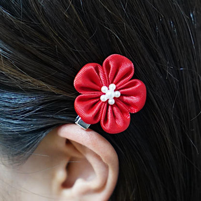 【アクセサリー】茜 (丸ブローチ、六角ブローチ、ヘアクリップ、ヘアゴム 4点セット ) | つまみ細工