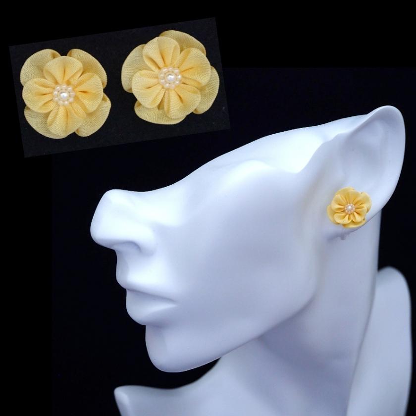 【アクセサリー】イエロー (ハットピンブローチ、ブローチ、ノンホールピアス、ヘアクリップ 4点セット ) | つまみ細工