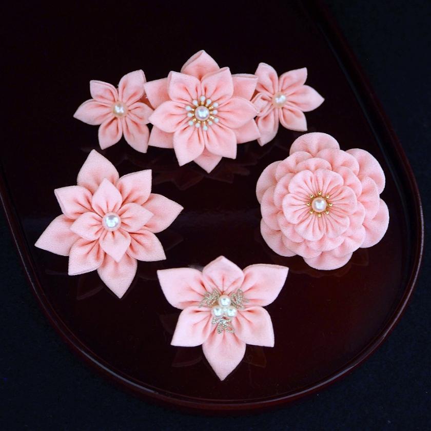 【アクセサリー】桜 (バレッタ、三角ブローチ、四角ブローチ、丸ブローチ 4点セット ) | つまみ細工