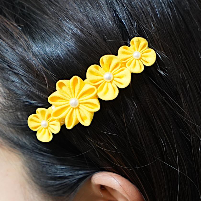 【アクセサリー】ゴールデンイエロー (バレッタ、ハットピンブローチ、ピアス、ヘアピン 4点セット ) | つまみ細工