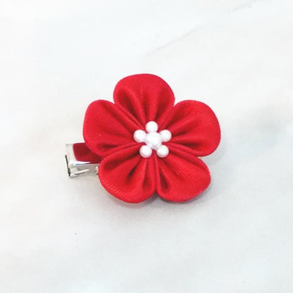 【アクセサリー】茜 (丸ブローチ、六角ブローチ、ヘアクリップ、ヘアゴム 4点セット ) | つまみ細工