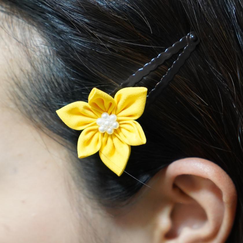 【アクセサリー】ゴールデンイエロー (バレッタ、ハットピンブローチ、ピアス、ヘアピン 4点セット ) | つまみ細工