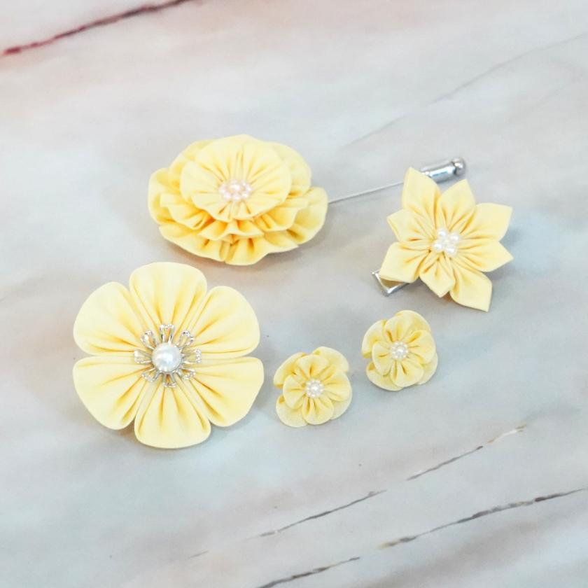 【アクセサリー】イエロー (ハットピンブローチ、ブローチ、ノンホールピアス、ヘアクリップ 4点セット ) | つまみ細工