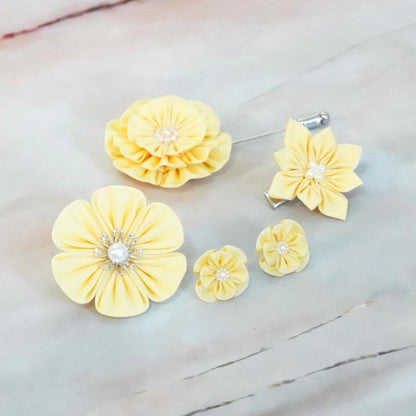 【アクセサリー】イエロー (ハットピンブローチ、ブローチ、ノンホールピアス、ヘアクリップ 4点セット ) | つまみ細工