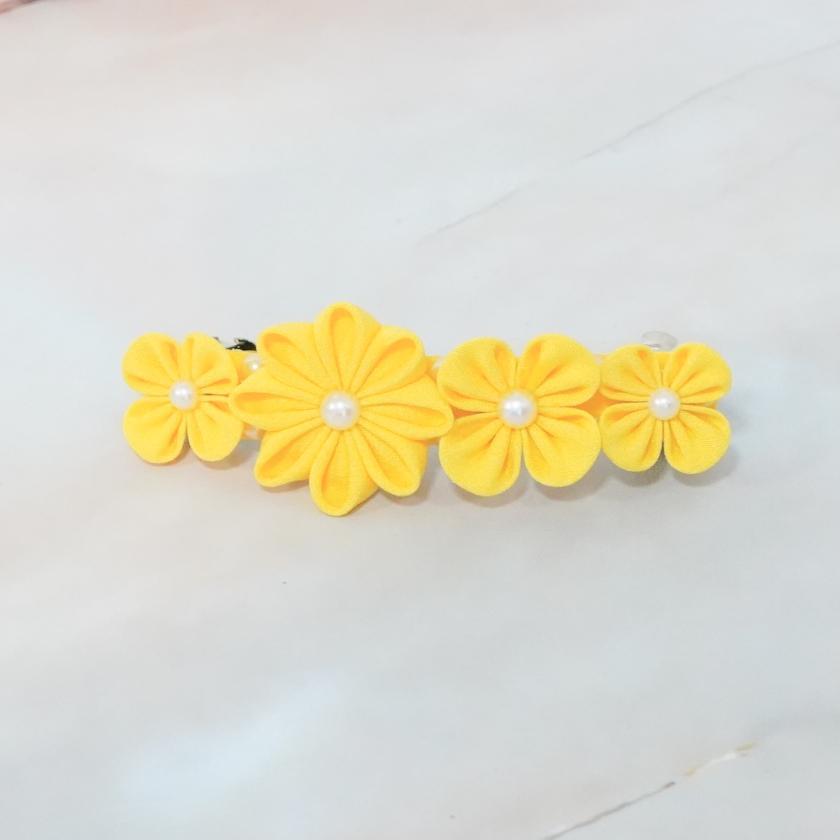 【アクセサリー】ゴールデンイエロー (バレッタ、ハットピンブローチ、ピアス、ヘアピン 4点セット ) | つまみ細工