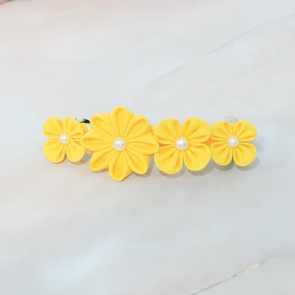 【アクセサリー】ゴールデンイエロー (バレッタ、ハットピンブローチ、ピアス、ヘアピン 4点セット ) | つまみ細工