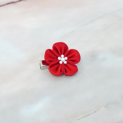 【アクセサリー】茜 (丸ブローチ、六角ブローチ、ヘアクリップ、ヘアゴム 4点セット ) | つまみ細工