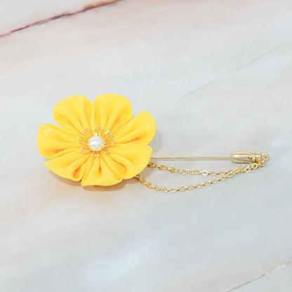 【アクセサリー】ゴールデンイエロー (バレッタ、ハットピンブローチ、ピアス、ヘアピン 4点セット ) | つまみ細工