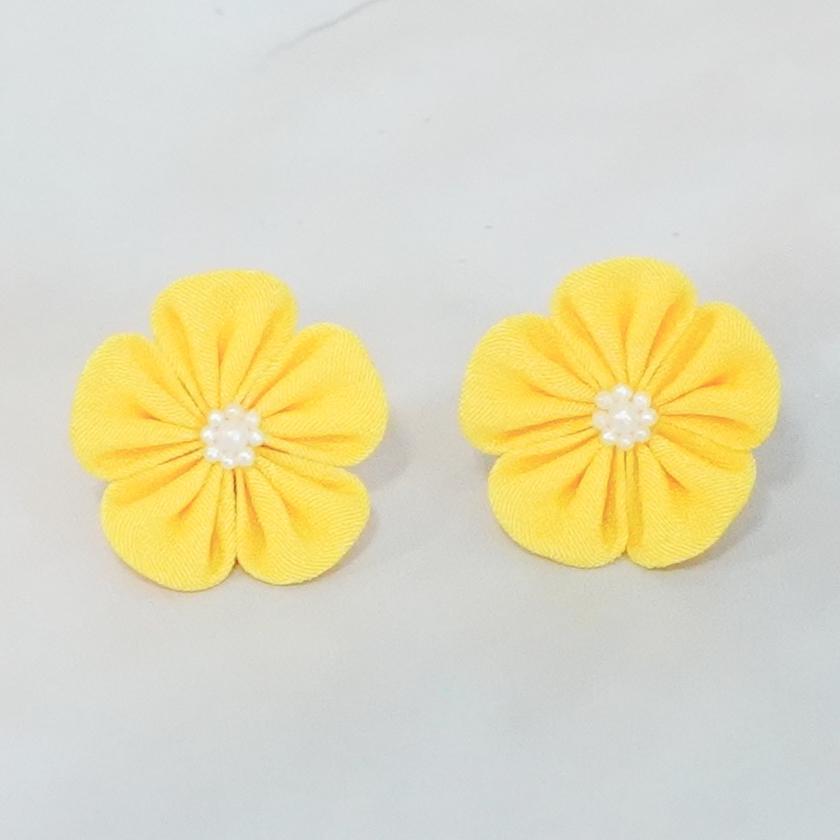【アクセサリー】ゴールデンイエロー (バレッタ、ハットピンブローチ、ピアス、ヘアピン 4点セット ) | つまみ細工