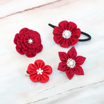 【アクセサリー】茜 (丸ブローチ、六角ブローチ、ヘアクリップ、ヘアゴム 4点セット ) | つまみ細工