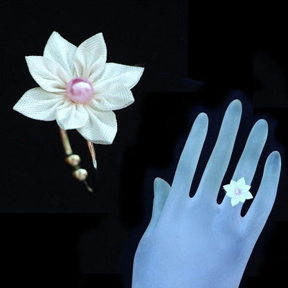 【アクセサリー】純白 (バレッタ、ブローチ、ピアス、リング 4点セット ) | つまみ細工