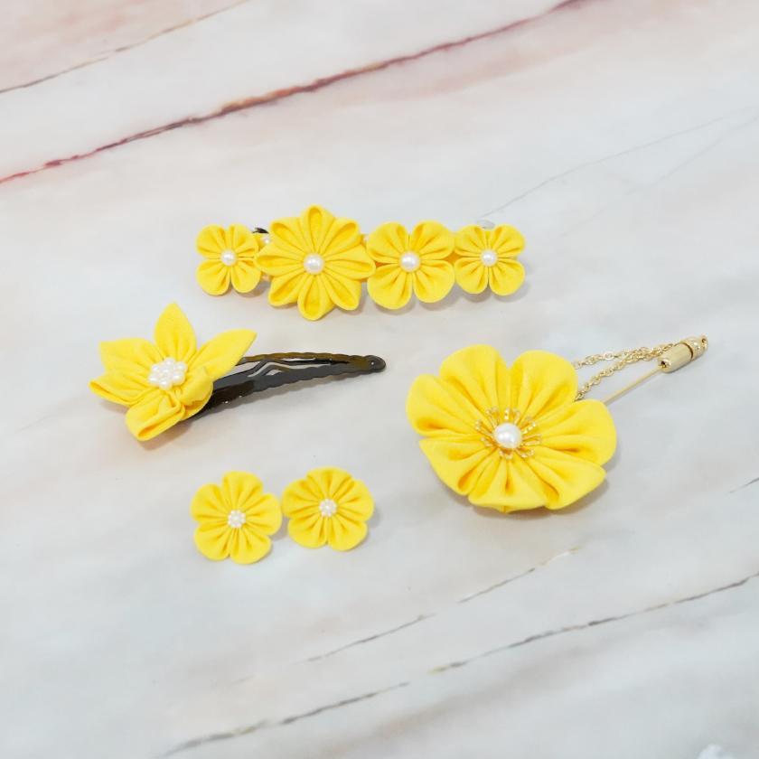 【アクセサリー】ゴールデンイエロー (バレッタ、ハットピンブローチ、ピアス、ヘアピン 4点セット ) | つまみ細工