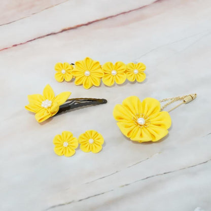 【アクセサリー】ゴールデンイエロー (バレッタ、ハットピンブローチ、ピアス、ヘアピン 4点セット ) | つまみ細工
