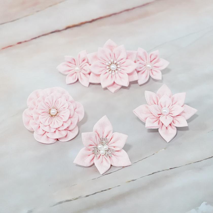 【アクセサリー】桜 (バレッタ、三角ブローチ、四角ブローチ、丸ブローチ 4点セット ) | つまみ細工