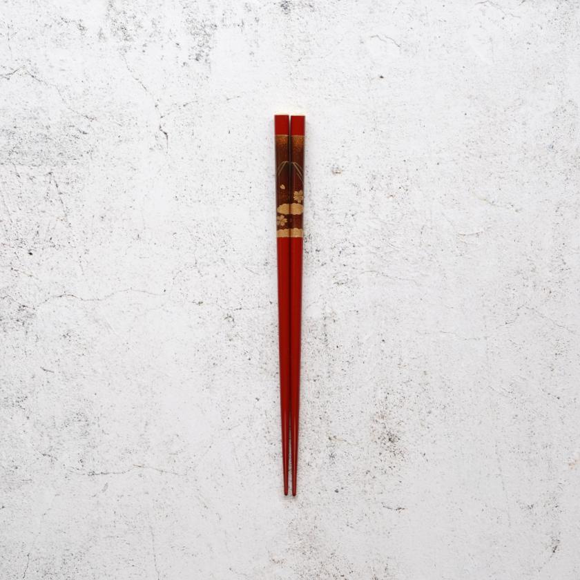 【輪島うるし箸 】橋本幸作漆器店 手描き蒔絵箸 金梨地 富士桜 朱 (1膳, 名入れ可)