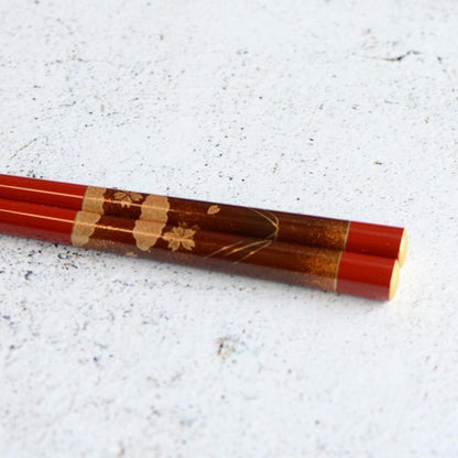 【輪島うるし箸 】橋本幸作漆器店 手描き蒔絵箸 金梨地 富士桜 朱 (1膳, 名入れ可)