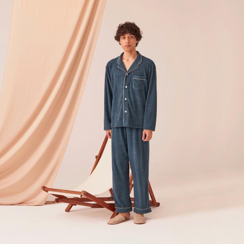 【パジャマ】コットンウールパイル ターコイズ セットアップ