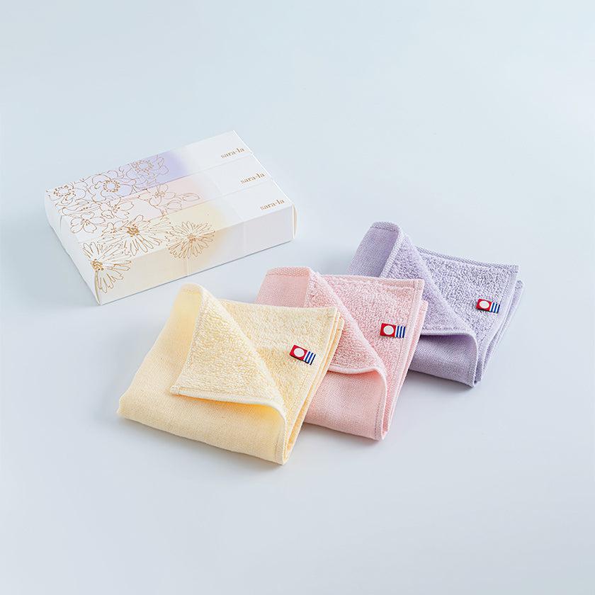 【タオル】「咲-saki-」ガーゼパイルハンカチ 3枚ギフトBOX (ピンク・イエロー・パープル) | 今治タオル