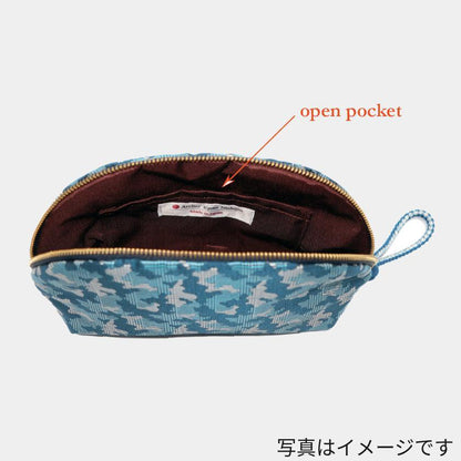 【ポーチ】西陣織シルク シェル型 京組紐引手 迷彩グレンチェック (ブラック迷彩) | 西陣織 | Atelier Kyoto Nishijin