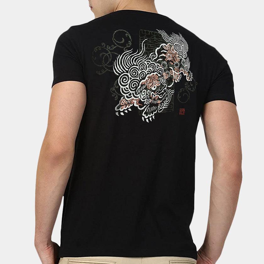 唐獅子牡丹圖案 絲網印花 T恤