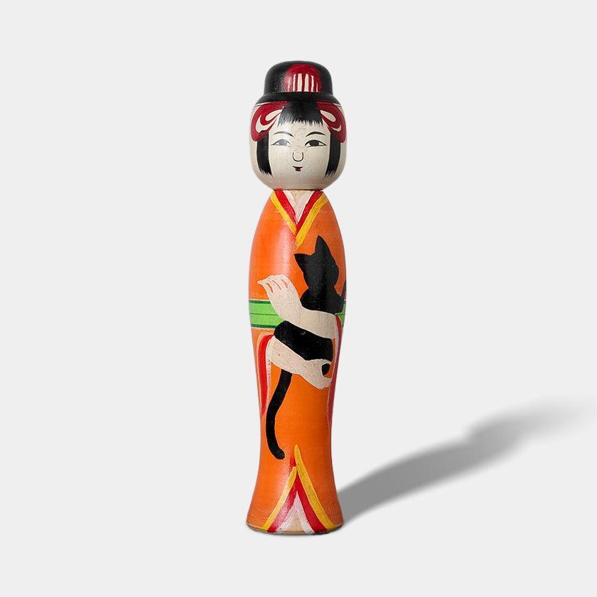 【こけし】大正時代風こけし (7寸) オレンジ | 土湯伝統こけし |近野明裕