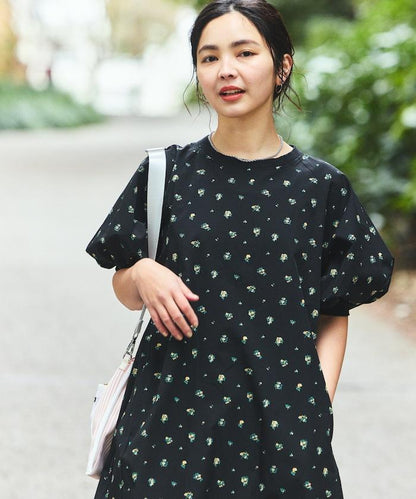 UV防曬 泡泡袖 牛仔風 花卉圖案 連衣裙