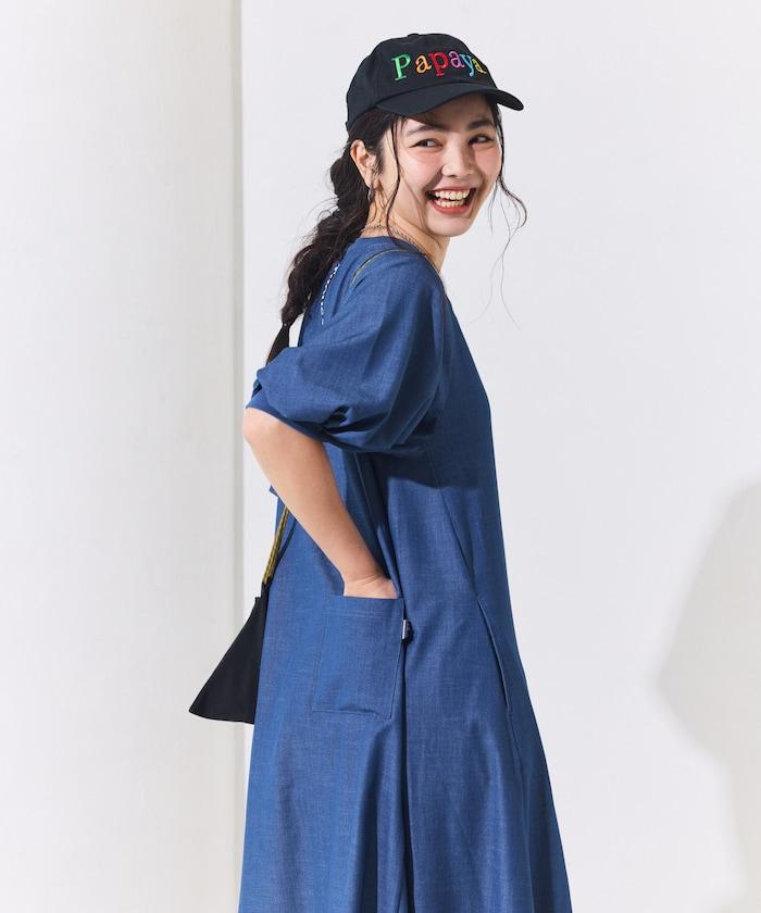 UV防曬 泡泡袖 牛仔風 花卉圖案 連衣裙