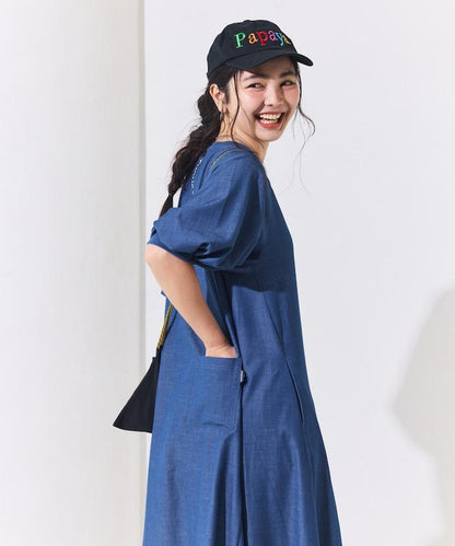 UV防曬 泡泡袖 牛仔風 花卉圖案 連衣裙