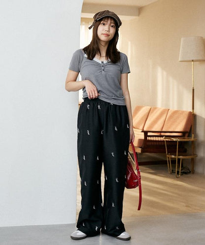 滿珠飾刺繡 鬆緊休閒西褲