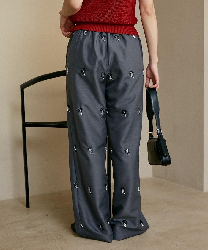 滿珠飾刺繡 鬆緊休閒西褲