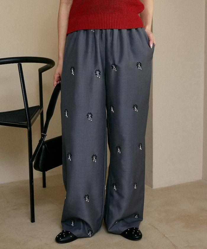 滿珠飾刺繡 鬆緊休閒西褲