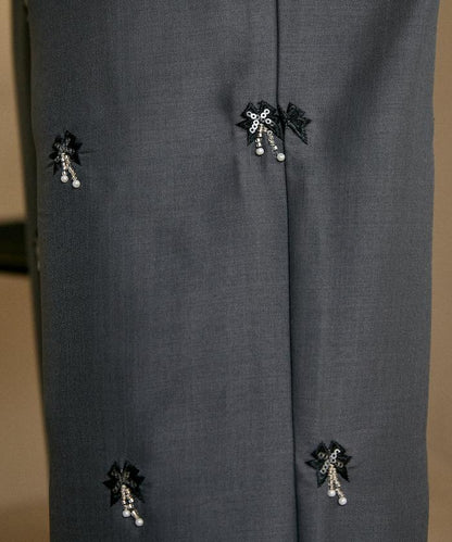 滿珠飾刺繡 鬆緊休閒西褲