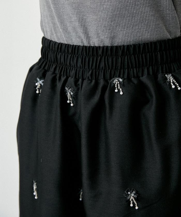 滿珠飾刺繡 鬆緊休閒西褲