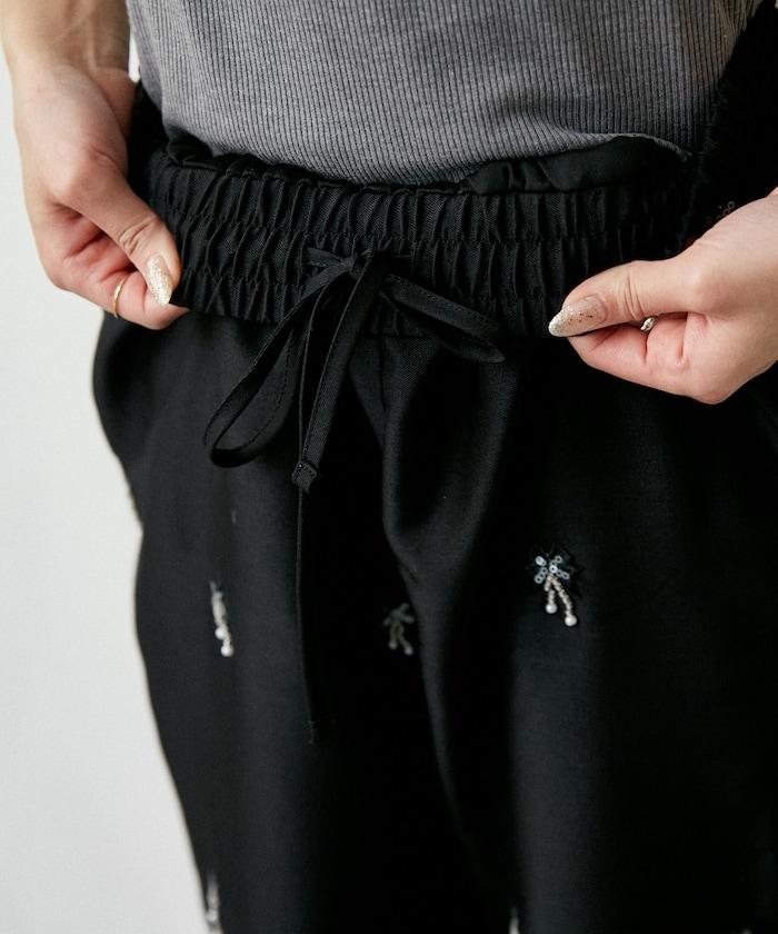 滿珠飾刺繡 鬆緊休閒西褲