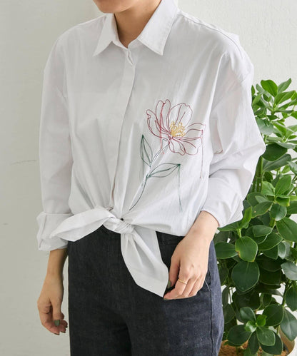 高剪裁 花刺繡 襯衫