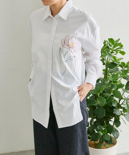 高剪裁 花刺繡 襯衫