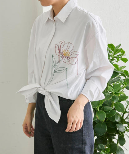 高剪裁 花刺繡 襯衫