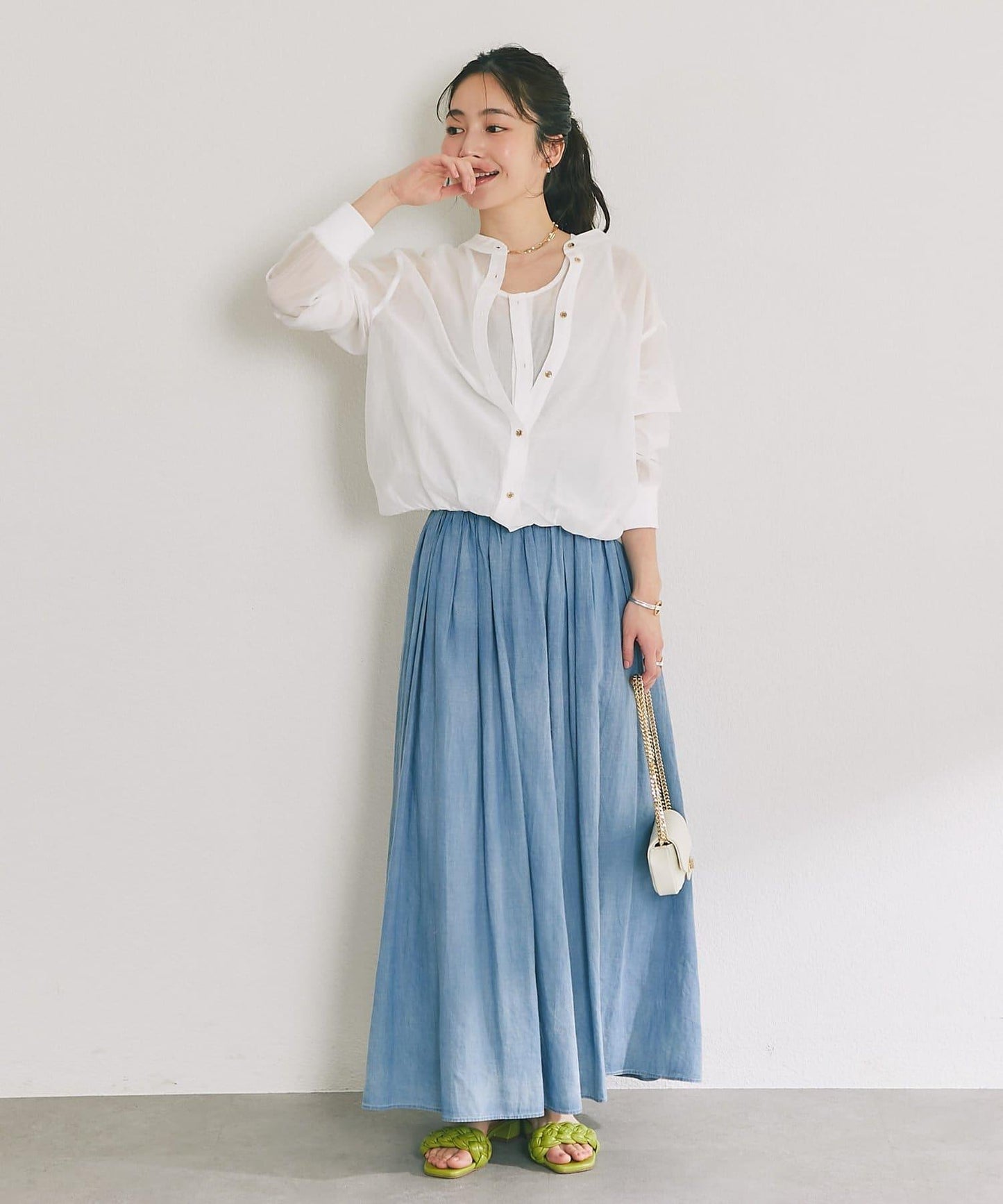 【La boutique BonBon】透視牛仔褶皺長半身裙