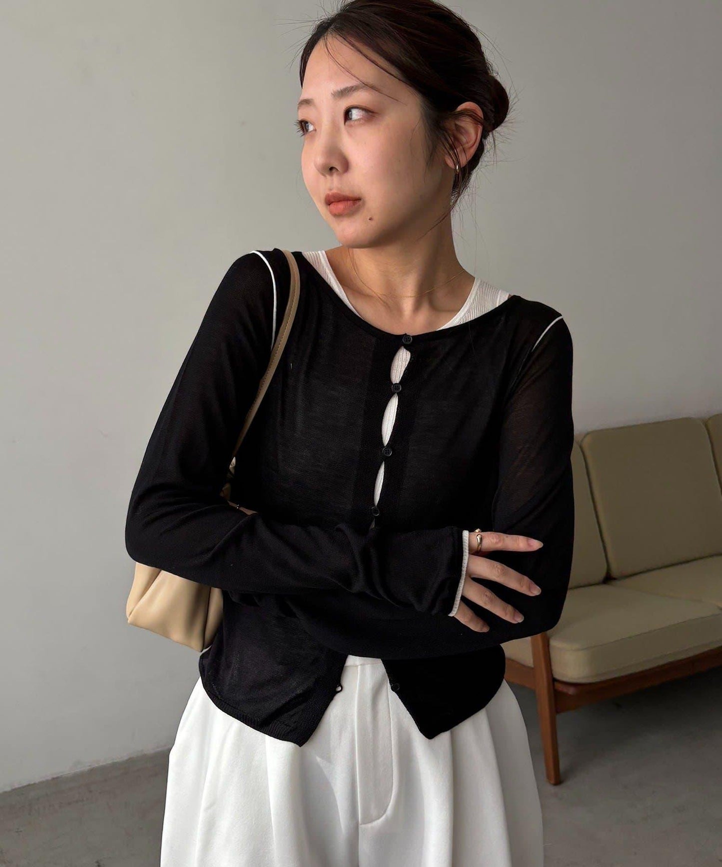 背心套裝 袖側條紋 針織開衫