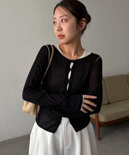 背心套裝 袖側條紋 針織開衫