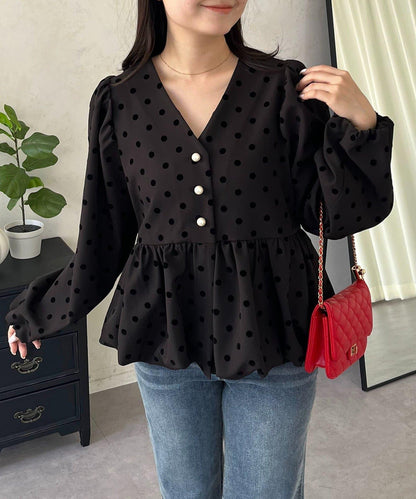 泡泡袖V領 氣球感荷葉擺 女襯衫
