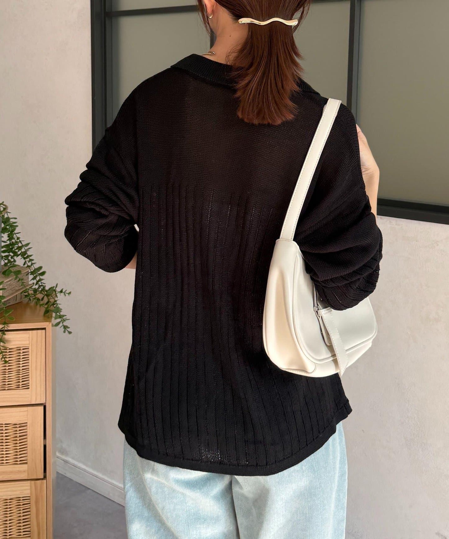 拼色 翻領 透膚針織開衫