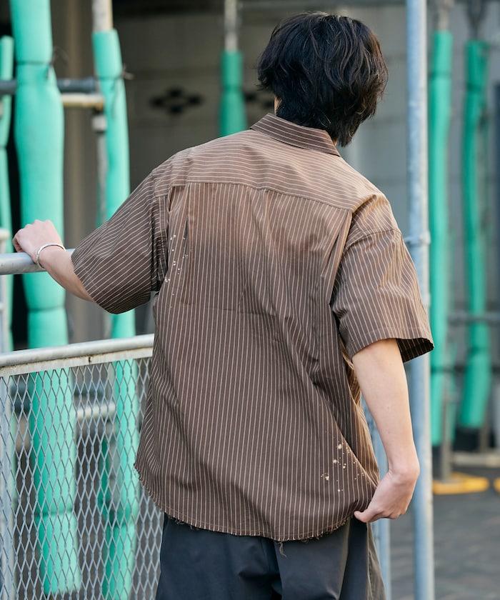 寬鬆版型 破壞做舊 常規領 格紋/條紋 漸褪色設計 短袖襯衫