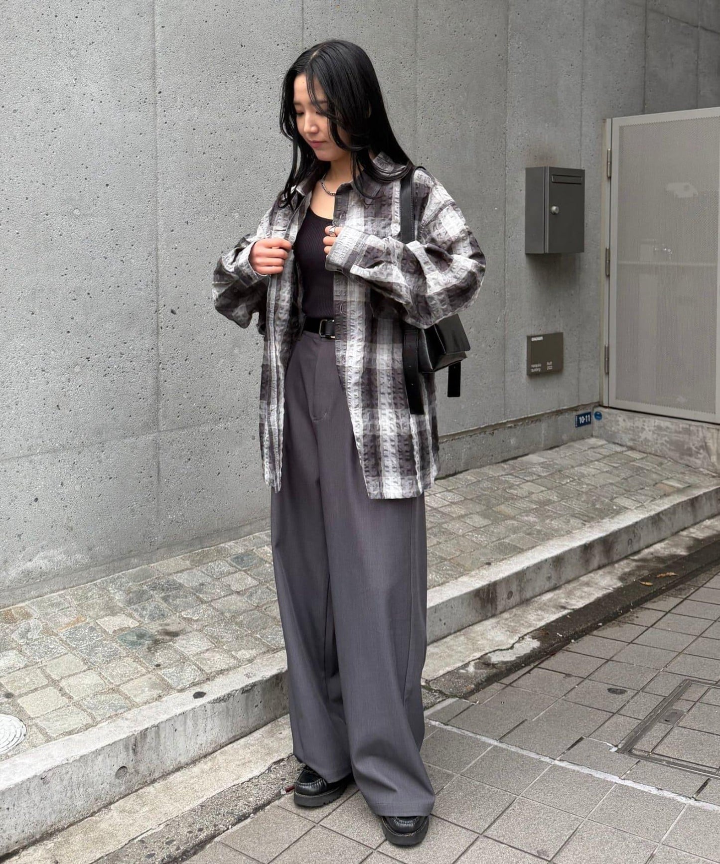 格紋泡泡紗長袖襯衫