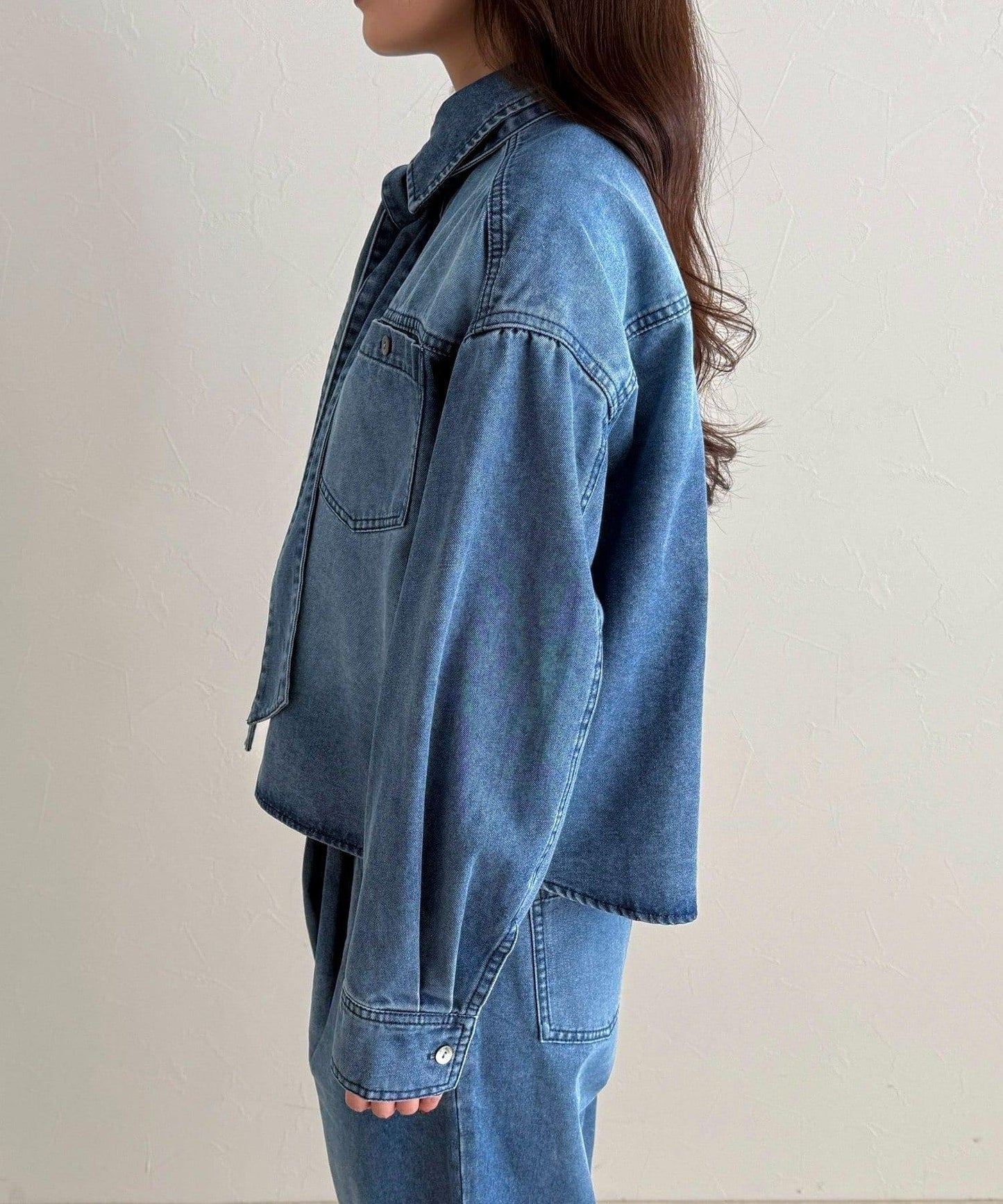 短款 蝴蝶結 牛仔 襯衫