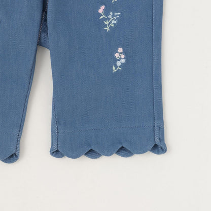 波浪邊花刺繡 針織 七分褲